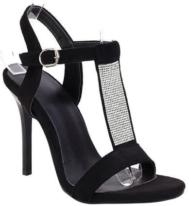 GBBRZKTB Talons Hauts Sandales Bout Ouvert Chaussures Talon Aiguille Bride Cheville Strass Bride en T Chaussures Habillées Fête Mariage 10cm,Black-45