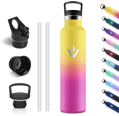 Vikastar Borraccia Termica, 1000ml Senza BPA, Borraccia Termica 1 Litro, a Prova di Perdite, Thermos per Bevande Calde, Acciaio Inox, Bottiglia Termica per Adulto, Scuola, Palestra, Giallo & Rosa