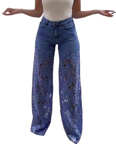 Pantalones vaqueros para mujer de pierna ancha, pantalones vaqueros con encaje patchwork holgados Y2K, pantalones palazzo de cintura alta, pantalones sexies, pantalones de cadera elegantes, pantalones