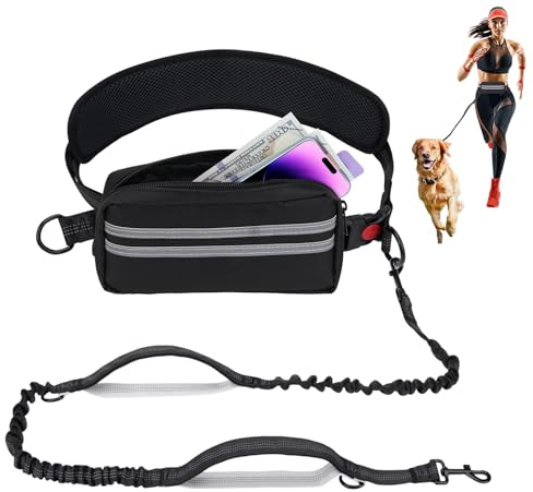 Joggingleine Hunde, Freihandleine Laufleine Hundeleine mit Bauchgurt, Abnehmbare Hüfttasche, 1.45-2M Bungee-Laufleine Hundeleinen für Mittelgroße Große Hunde bis zu 50 kg