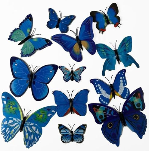 Neel Saanjh 12 x Butterflies for Garden or Indoor, Three-Dimensional Wall Stickers, Decorative Butterfly Set, Easy Application, Perfect for Creative and Personal Touches (Blue)