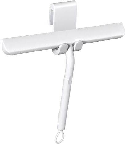 Oderra Rasqueta Limpiacristales Ducha de Silicona con Gancho – Limpia Mamparas de Ducha Cristal, Limpiador Mampara Baño, Limpia Cristales para Espejos y Ventanas, 21 cm, Blanco
