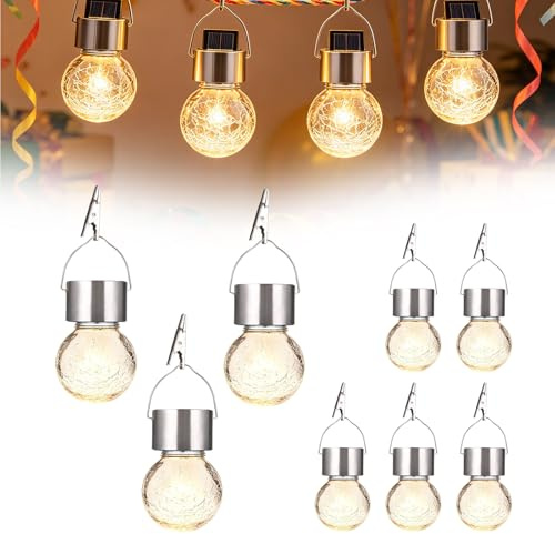 BAIFULAI 8 luces solares colgantes para exteriores: bombillas LED con aspecto de cristal roto, resistentes a la intemperie, luces colgantes solares LED para exteriores, jardín, decoración navideña