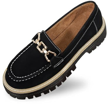 Mocassini Donna Pelle Classico Scarpe Eleganti Pianta Larga Loafers con Plateau Mocassino Elegante Morbida Nere 42