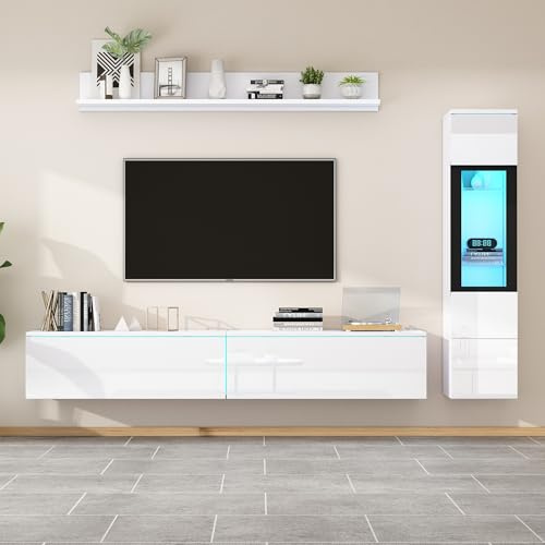 Goldicoo Juego de 3 paredes para TV con iluminación LED, color blanco brillante, tablero de partículas, moderno, salón, independiente, armario de TV, armario colgante
