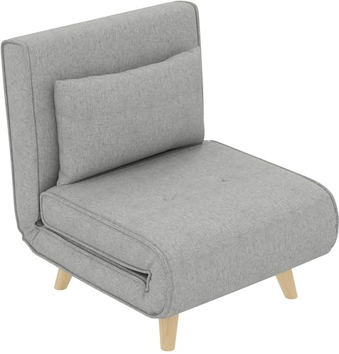 HOMCOM Sofá Cama de 1 Plaza 3 en 1 Respaldo Ajustable 72x78x79 cm Gris | Sillón Cama Plegable, Tapizado en Lino Sintético, 6 Niveles, Almohada, Asiento Ancho, Patas de Madera