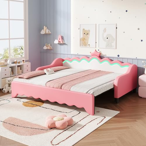 Merax Daybed, 3ft Single Bed Frame with Storage, Pull Out Trundle Bed, with LED Crown Shape Headboard, PU Leather, 90x190 cm, extendable to 180 cm, Cream White + Pink (No Mattress)