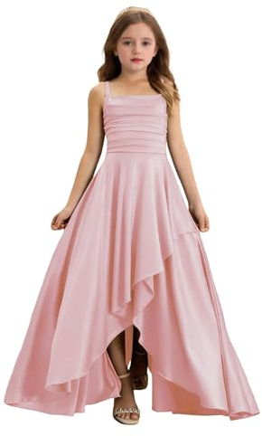 VeetaLux Girls High-Low Flower Girl Dress Pleated Satin Prom Dress | Elegant Spaghetti Strap High-Waist Formal Dress with Asymmetrical Hem Perfect for Prom Graduation Party Wedding Birthday