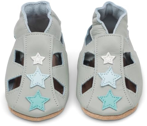Dotty Fish Sandali in Pelle con Suola Morbida per Neonati e Bambini, Antiscivolo, Traspiranti, Leggeri e Flessibili, Effetto Piedi Nudi, Scarpe Estive Bambino e Bambina - Stelle grigie 6-12 mesi