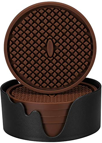 ME.FAN Silicone Coasters [6 Pack] Thickened Drink Coasters with Holder - Cup Mat - Non-Slip, Non-stick, Stay Put, Deep Tray - Prevents Furniture and Tabletop Damages(Coffee)