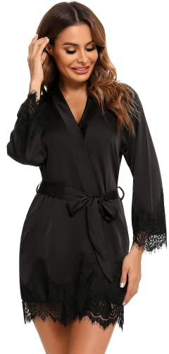 RSLOVE Bademantel Damen Satin Morgenmantel Seide Kimono Brautjungfer Robe mit Spitze Schwarz S