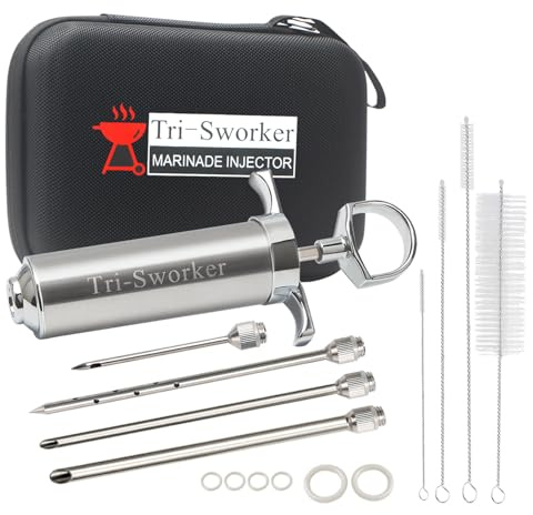 Tri-Sworker Meat Injectors for Smoking with Case and 4 Flavor Food Injector Syringe Needles, Injector Marinades for Meat, Turkey, Brisket; 2-oz; Including Paper and E-Book (PDF) User Manual