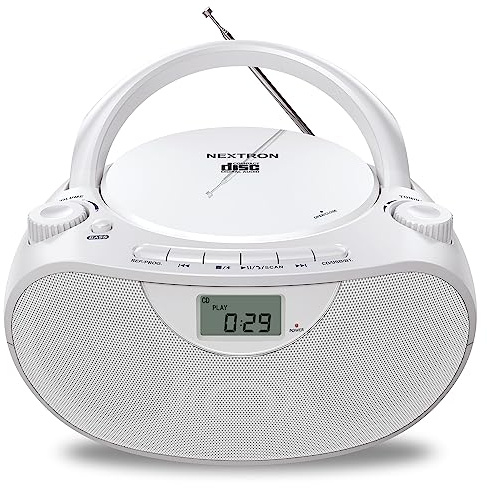 Nextron Portable CD Player Bluetooth Boombox with AM/FM Radio, USB, AUX-in, Headphone Jack, CD-R/RW & MP3-CD Compatible, Stereo Sound with Bass Boost, AC/Battery Operated – White