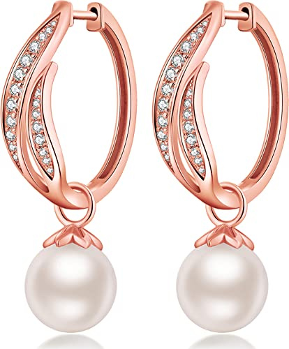 Orecchini Perle Donna in Argento Sterling 925 Orecchini a Cerchio Perle Pendenti Ipoallergenici Bianco Perla Gioielli Regali da Donna Oro Rosa