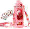 ZRHXG Kawaii Trinkflasche, Quadratische Kunststoff Trinkflasche, Mit Strohhalm Und Schultergurt Wasserflasche, Tragbarer Auslaufsicherer Wasserkrug, FüR Niedlichen MäDchen, Schule (Rosa-700ml)