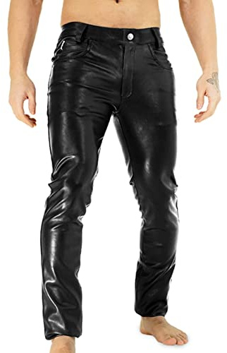 Bockle® Power Tube Lamb Tube Skinny Slim Fit Stretti Pantaloni di Pelle Pantaloni da Uomo in Pelle Uomo, Size: 31W / 32L