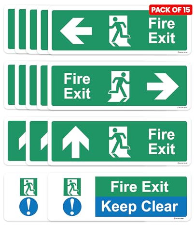 RDLCAR Safety Fire Exit Arrow Signs Pack of 15 Includes Left Right Up Arrows and Fire Exit Keep Clear Signs Self Adhesive 300mm x 100mm Door Mount Signage