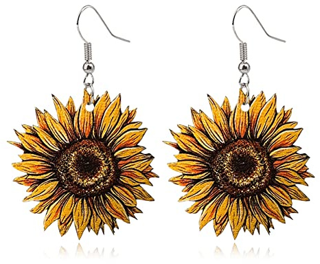 Unique Simple Handmade Wooden Sunflower Daisy Flower Dangle Drop Earrings Bohemian Colour Sunflower Earrings for Women Elegant Summer Boho Jewelry (Yellow Sunflowers)