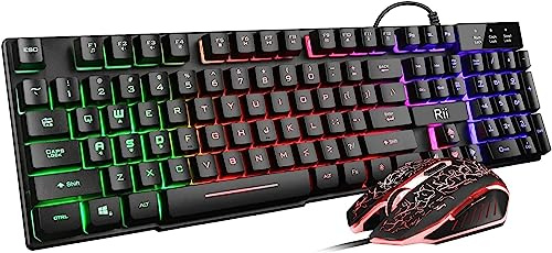 Rii Keyboard and Mouse Set, Rainbow LED Backlit Multimedia PC Keyboard, Colorful Breathing Backlit Gaming Mouse for Work or Play