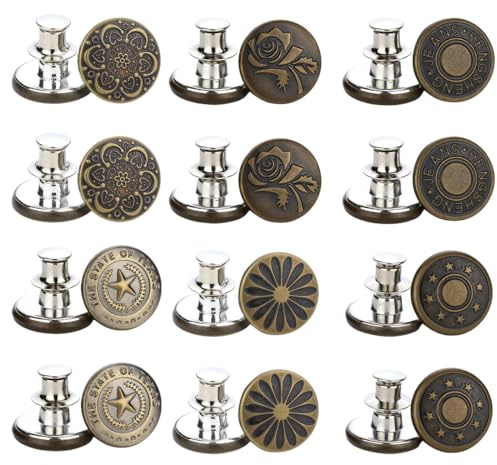 BZKSER Botones Metalicos - 24 pcs Juego de Botones para Pantalones Vaqueros, Jeans Sin Costuras con Botones de Repuesto, Botones de Jeans Desmontables,Tamaño de Jeans Ajustable,Botones de 17mm