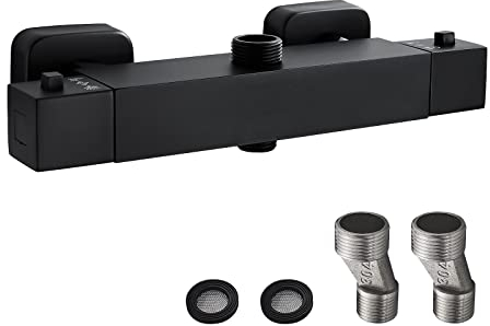 Namuoto Mitigeur Douche Thermostatique 2 Sorties, Robinet Thermostatique de Douche avec 38 ° Bouton, Haut G3/4 Bsp+ Bas G1/2 Bsp, Forme Carrée, Noir