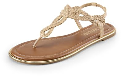 DREAM PAIRS Women's Flat Sandals Dressy Summer Stappy Comfortable Ankle Elastic T-Strap Beach Thong Sandals,Size 8,Nude,SDFS2406W
