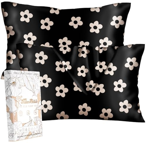 Miss Adola Silk Pillowcase 2 Pack - Cute Pillow Cases 20 x 26 Standard Size Set of 2 for Hair and Skin Smooth Soft Breathable with Hidden Zipper Cooling Pillow Covers for Sleeping, Black Flower