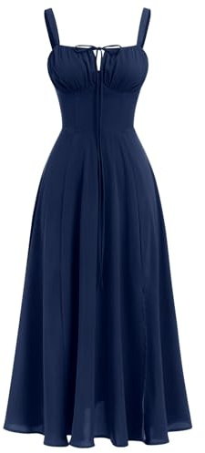 IBTOM CASTLE Femme Robe Floral Imprimé Robe de Plage Bretelles Spaghetti Robe Fendue Robe d'Eté Boho Robe de Casual Corset Photographie Vacance Bleu Marin L