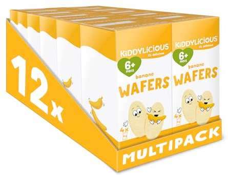 Kiddylicious Wafers Banane I Dès 6 Mois I Sans Gluten & Sans Lait I 12 Packs de 16g (4 Sachets de 4g) | 192g