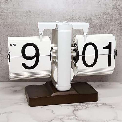 Topiky Flip Desk Clock, Retro Vintage Mechanical Flip Desk Table Clock, Black Walnut Base, Battery Powered Internal Gear Operated Clock, For Living Room, Study Room and Office(White)