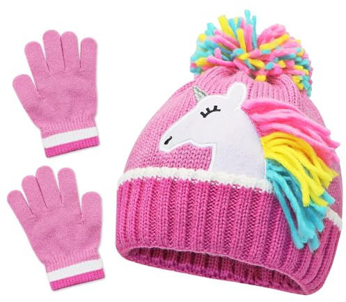 Girls Unicorn Kids Knitted Hat Gloves Set, Beanie Cap for Children