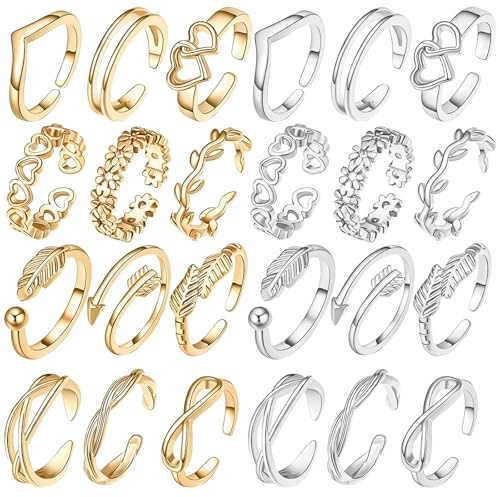 Kighdel Toe Ring 24 Pcs Adjustable Toe Rings for Women, Gold Silver Open Toe Rings Set for Women for Beach,Various Parties, Daily Wear