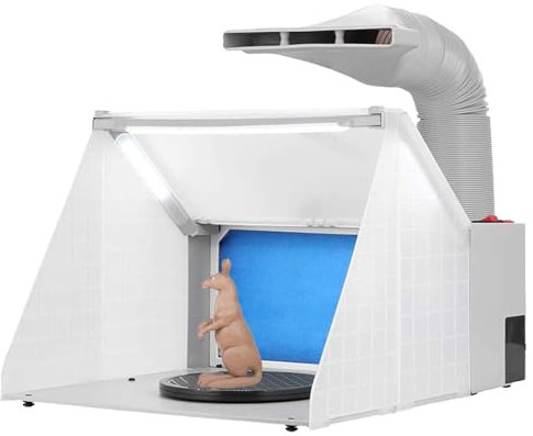 WUCIOA Portable Airbrush Spray Booth, Folding Spray Booth with Adjustable Hose, Powerful Fan, 3 LED Lights, 360° Revolving Turntable, Spray Booth and Extractor Set for Models Crafts