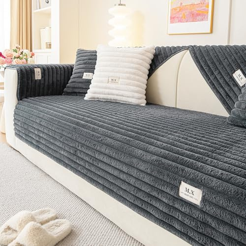 Soft Fuzzy Couch Cover, Sofa Slipcover Protector from Pets(Dark Grey/1PC) | 90x180cm Faux Rabbit Fur Couch Cover for 3 Seater, Non Slip Sofa Cover Washable, Sectional L Shape Sofa Cover Pet Friendly