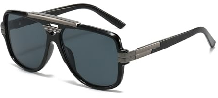YAMEIZE Retro Pilot Design Metal Gafas de Sol - para las Mujeres Hombres Doble Puente Gafas de Sol UV400 Protección Plaza Sombra de Conducción, Negro y gris., Standard Adult Size