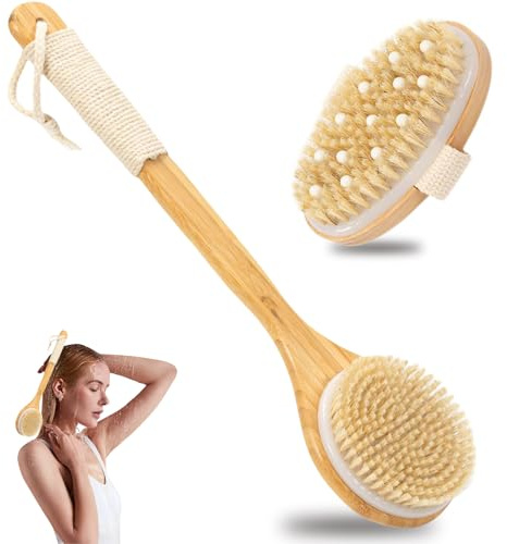 2 Stück Set Langer Griff 40cm Rückenbürste Dusche Und 12 Cm Trockenbürste Körper, Körperbürste Duschbürste Rücken Dry Brush,massagebürste Rückenschrubber für Massage Zur Körperpflege (Holzfarbe)