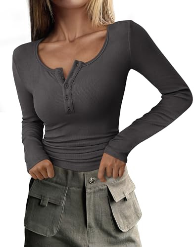 Zeagoo T-shirt à manches longues pour femme - Coupe ajustée - Pull basique avec boutons - En maille côtelée - Extensible - Couleur unie, gris foncé, M