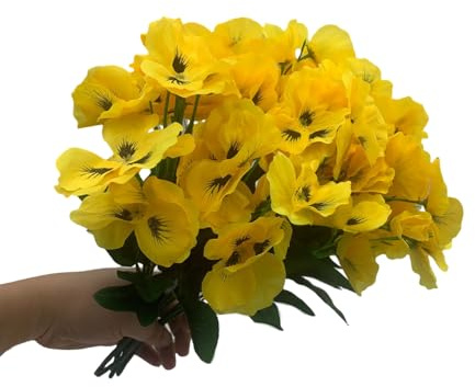 DODXIAOBEUL 6 buntar konstgjorda silkesblommor 33 cm falska penséer UV-beständiga plastväxter för hem bröllop trädgård veranda bord bordsuppsatser inomhus utomhus dekor, gul