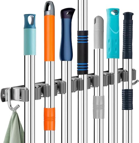 Zosenyer Accroche Balai Mural Sans Percage, Porte Balais Mural avec 7 Supports und 2 Crochets, Porte Outils Mural Vadrouille pour Salle de Bain, Garage, Outils de Jardinage, Cuisine