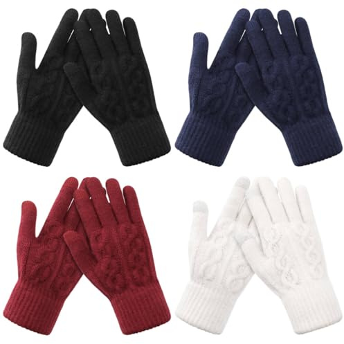 Pleneal 4 Pairs Winter Gloves for Women, Touchscreen Glove Womens Warm Lining Glove, Knitted Gloves for Cold Weather