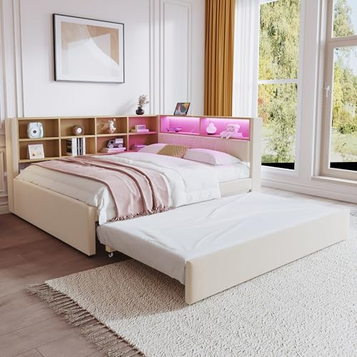 YAIXBNG bäddsoffa 140 x 200, utdragbar säng 90 x 190, utrustad med LED-lampor, uttag och många förvaringsfack, klädd säng, multifunktionell sovsoffa, enkelsäng, flanell, beige.