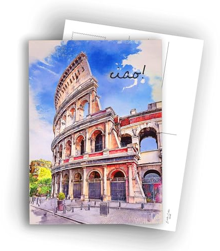 Edition Colibri Tarjetas postales de Roma – Ilustración de acuarela del Coliseo – Hola | Juego de 10 postales planas (A6) – Parte trasera para escribir