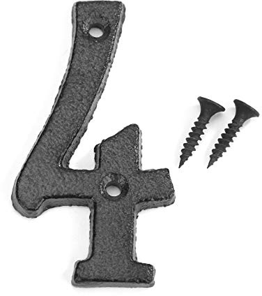 Números de puerta y casa de hierro fundido negro de 7,6 cm 0 – 9, números de puerta con acabado antiguo, número de dirección rústico atornillado para puertas y puertas (número 4)
