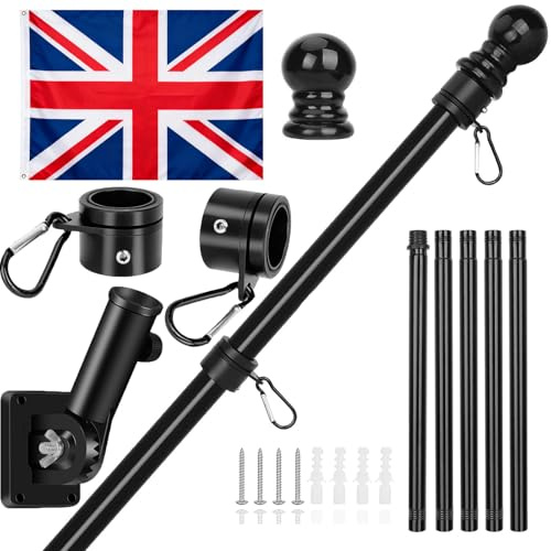 Flag Pole Kit, 6FT Wall Mounted Flagpoles for Garden Stainless Steel Flag and Pole Set for House Garden Yard Outdoor Fence Black
