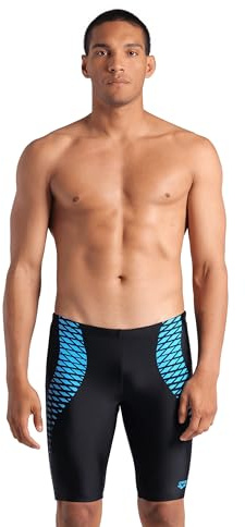 ARENA Feel Men's Openings Swim Jammer Athletic Swimwear Knee-Length Swimsuit Sports Bathing Suit Stretchy Swim Trunks Beach and Pool, Black/Turquoise, US Size 32