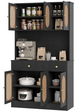 KOMFOTTEU Credenza Alta da Cucina con Stazione di Ricarica, Armadio Dispensa con 2 Cassetti e Ante, Mobile Buffet con Ripiani Regolabili, per Sala da Pranzo, Soggiorno, 100 x 40 x 180 cm (Nero)