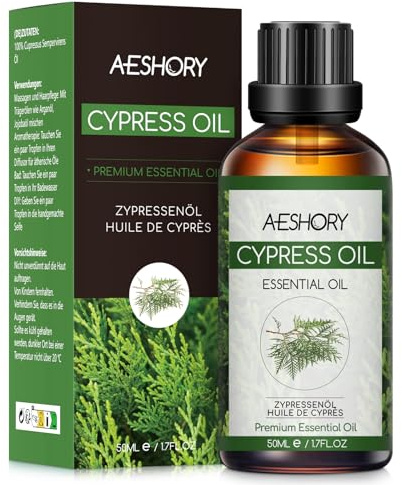 AESHORY Aceite Esencial de Ciprés 50ML, Natural Aceite de Ciprés, Aceites de Fragancia Aromaterapia Premium para Humidificador, Masaje, Baño, Cuidado la Piel, Relajación y Calma