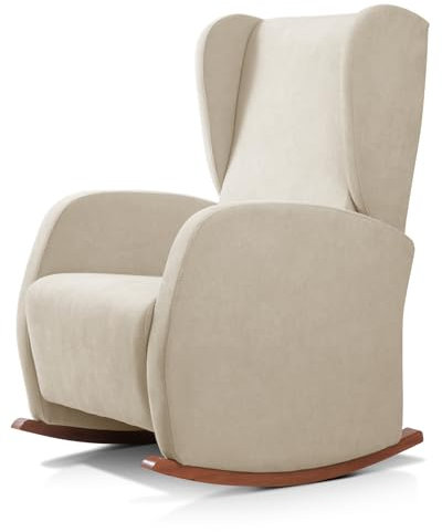 Sillon orejero balancín ELENA mecedora tapizada en tela anti-manchas color Beige (103 x 67 cm x 83 cm) ideal para dormitorio montessori, salón , amamantar o lactancia y leer.