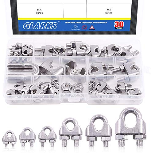Glarks 30Pcs M2 M3 M4 M6 M8 M10 Wire Rope Clamp Clips Assortment Set 304 Stainless Steel Wire Rope Cable Clamps for Rigging Rope, Wire and Cable