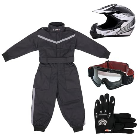 Zorax ZOR-X19 Youth Motocross Helmet & Gloves & Goggles & Motocross Suit | Helmet White M (51-52cm) - Gloves M(6cm) - Suit M(7-8 Years) Children Dirt Bike Off Road Motorbike Helmet ECE 2206